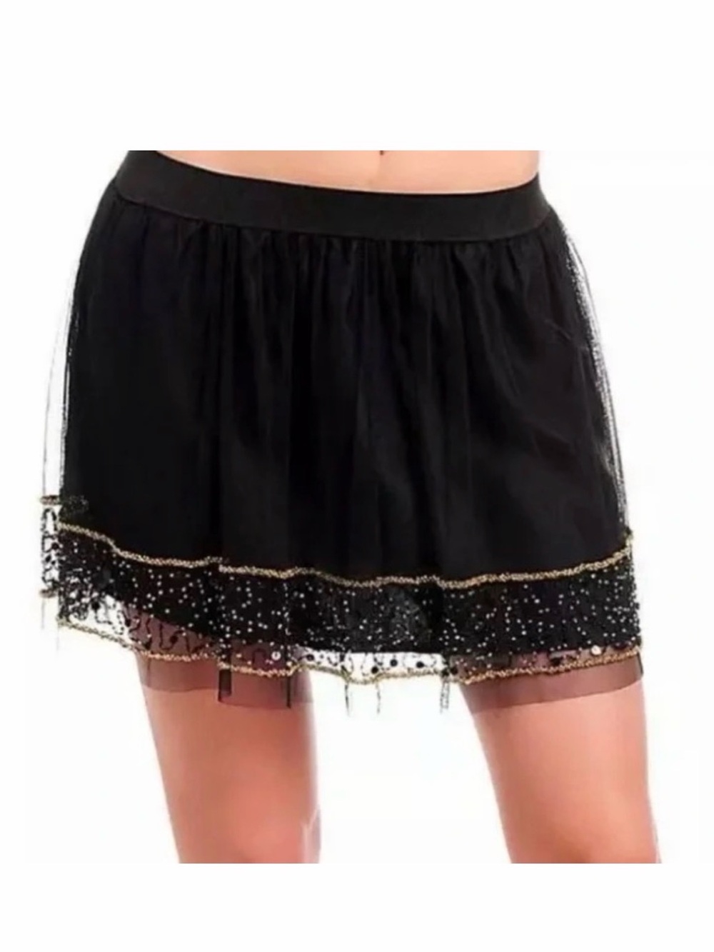 Forever 21 XXI Black Beaded Gold Mesh Stretch Mini Skirt